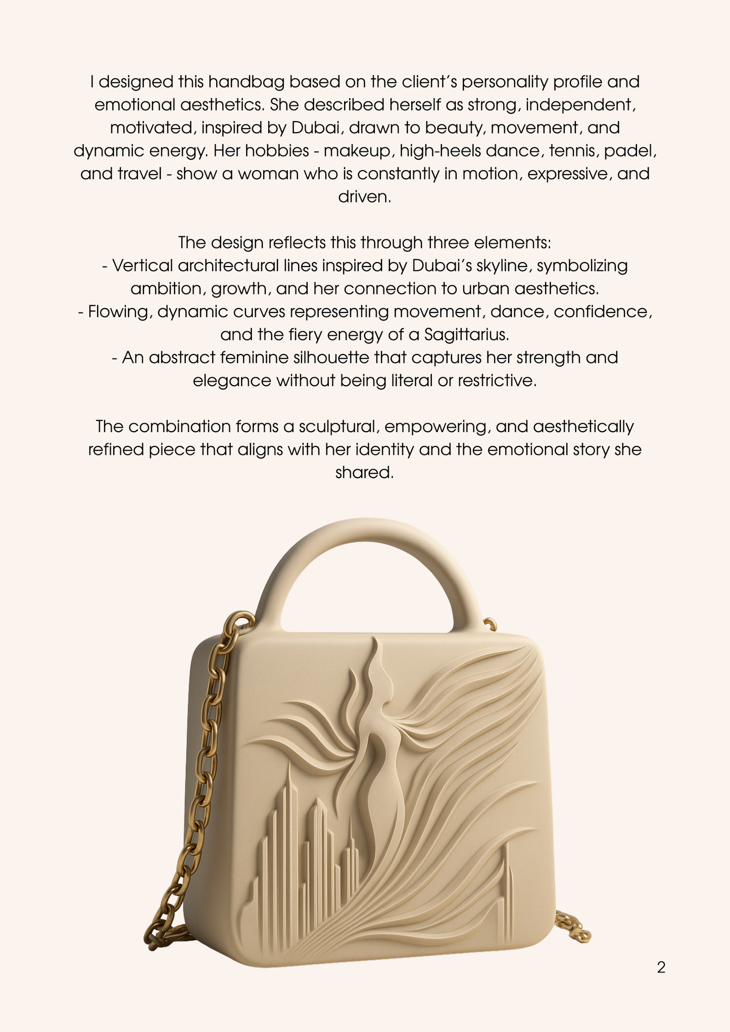 The "Mystery bag" 3D-printed handbag in beige features a sculptural, architectural design with flowing lines, cityscape-inspired details, a curved handle, and a gold chain strap, set against a plain light background.