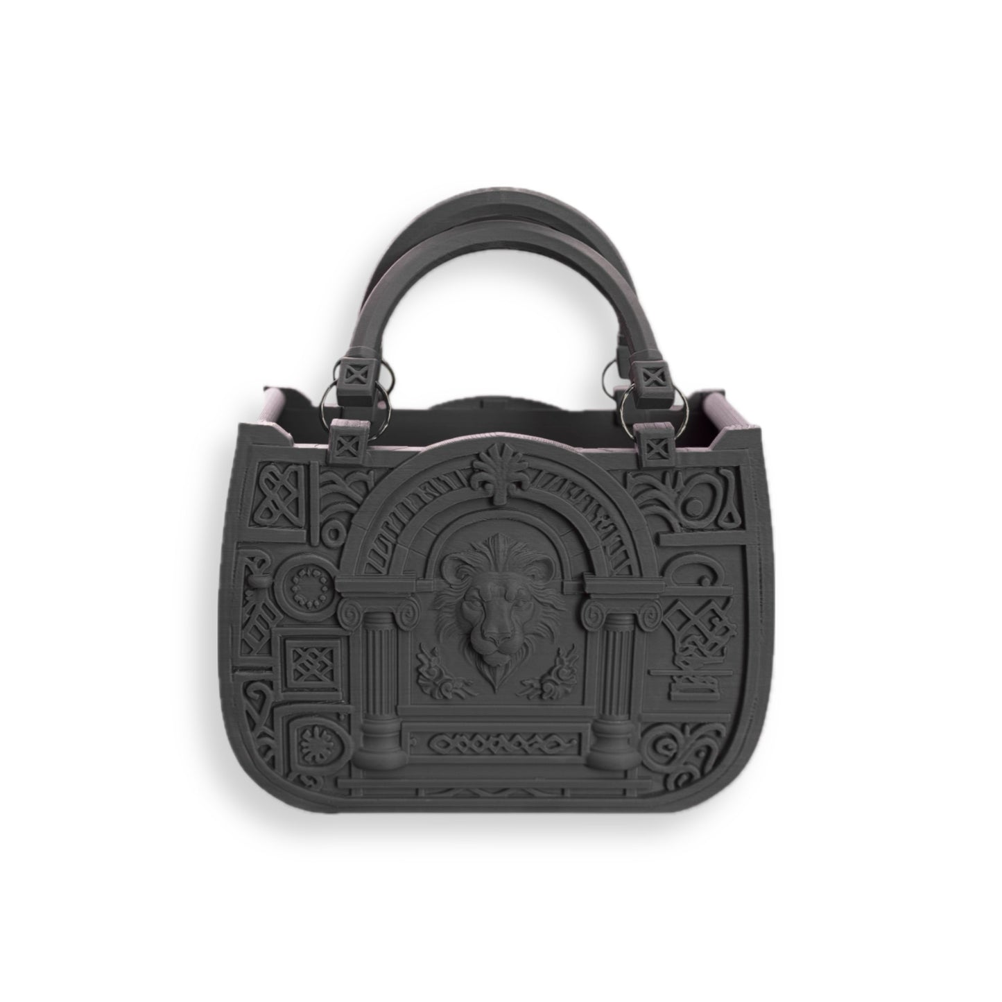 The JUSTICE&POWER 3D-printed handbag features a neoclassical design with ornate embossed patterns, a central ram’s head motif, two sturdy handles, and intricate architectural detailing.