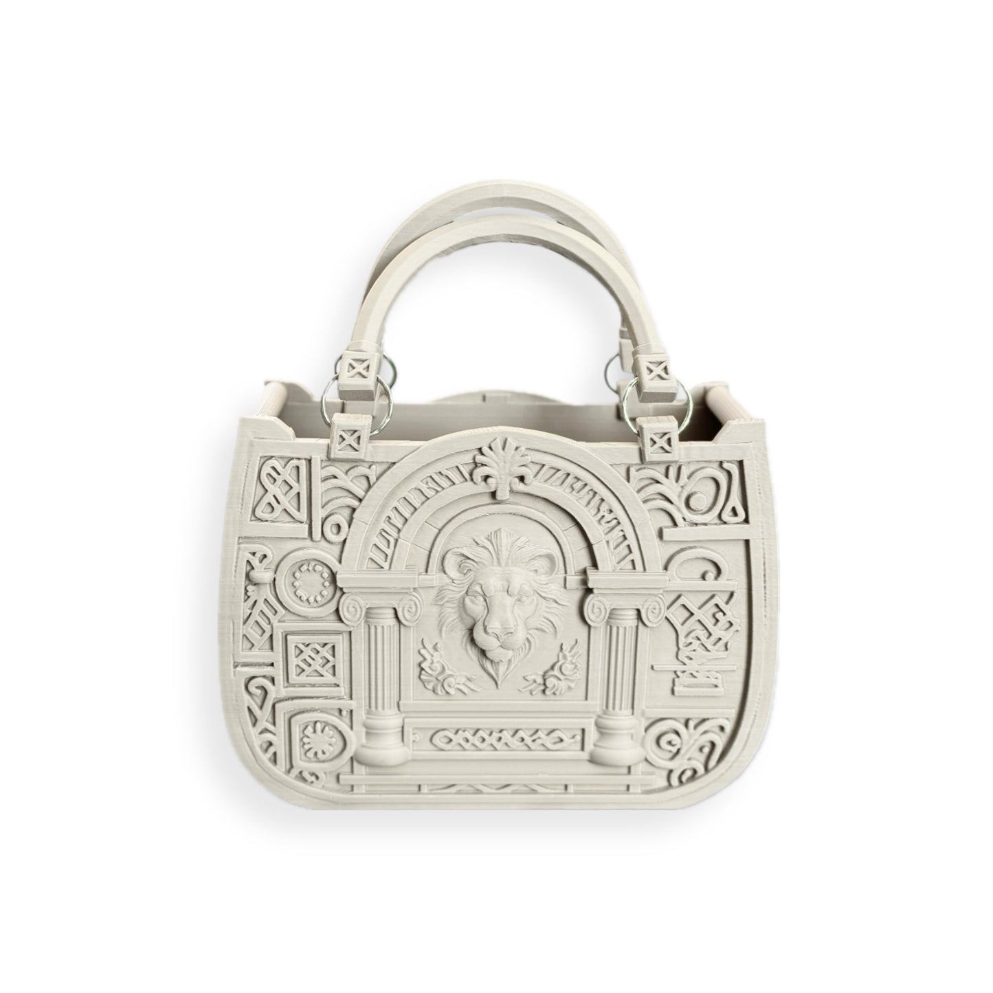 The JUSTICE&POWER 3D-printed handbag in beige showcases neoclassical relief patterns—columns, arches, and a central lion head—set against a white background.