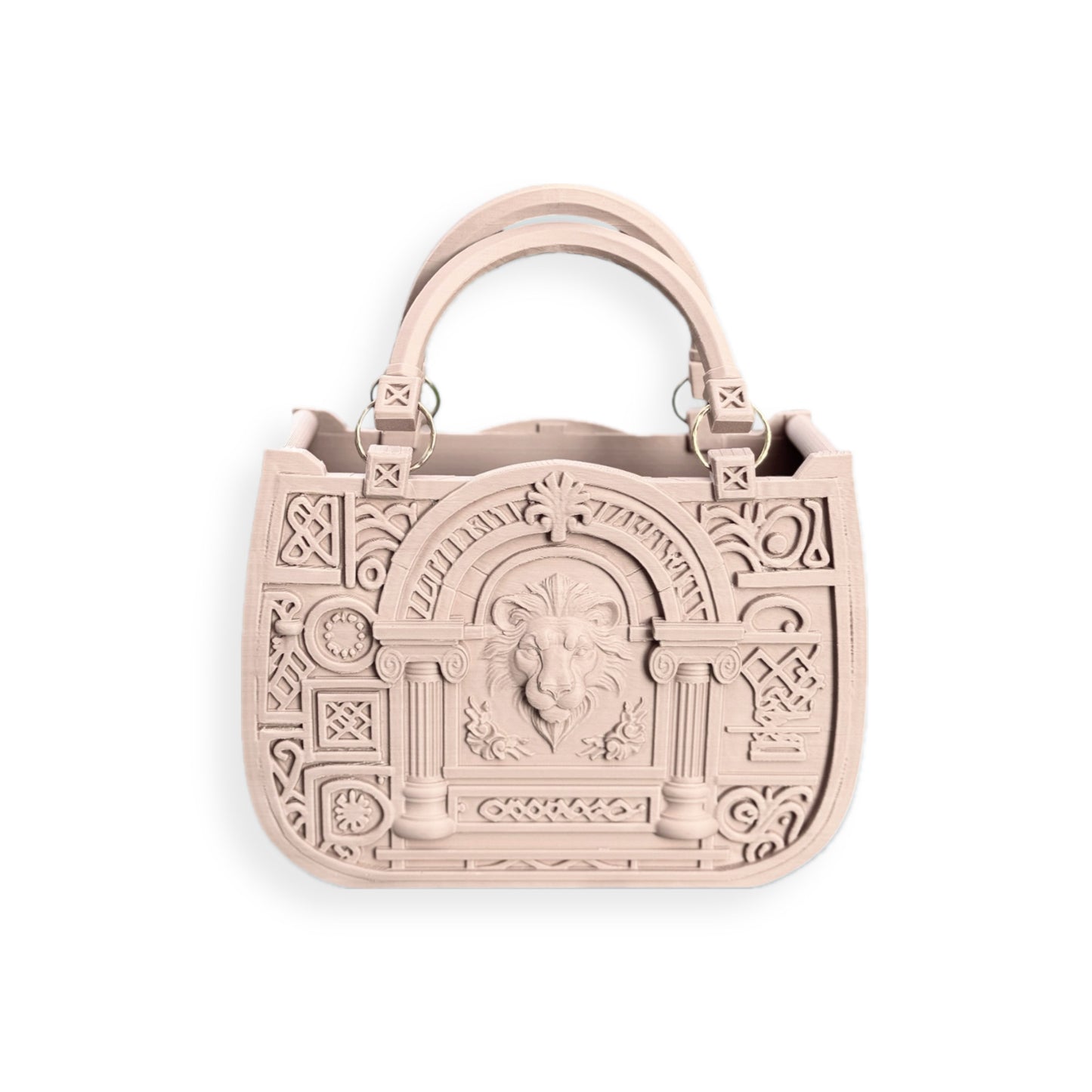 The JUSTICE&POWER 3D-printed handbag is a pale pink neoclassical accessory with two handles, intricate sculpted patterns, and a prominent central lion’s head motif on the front.
