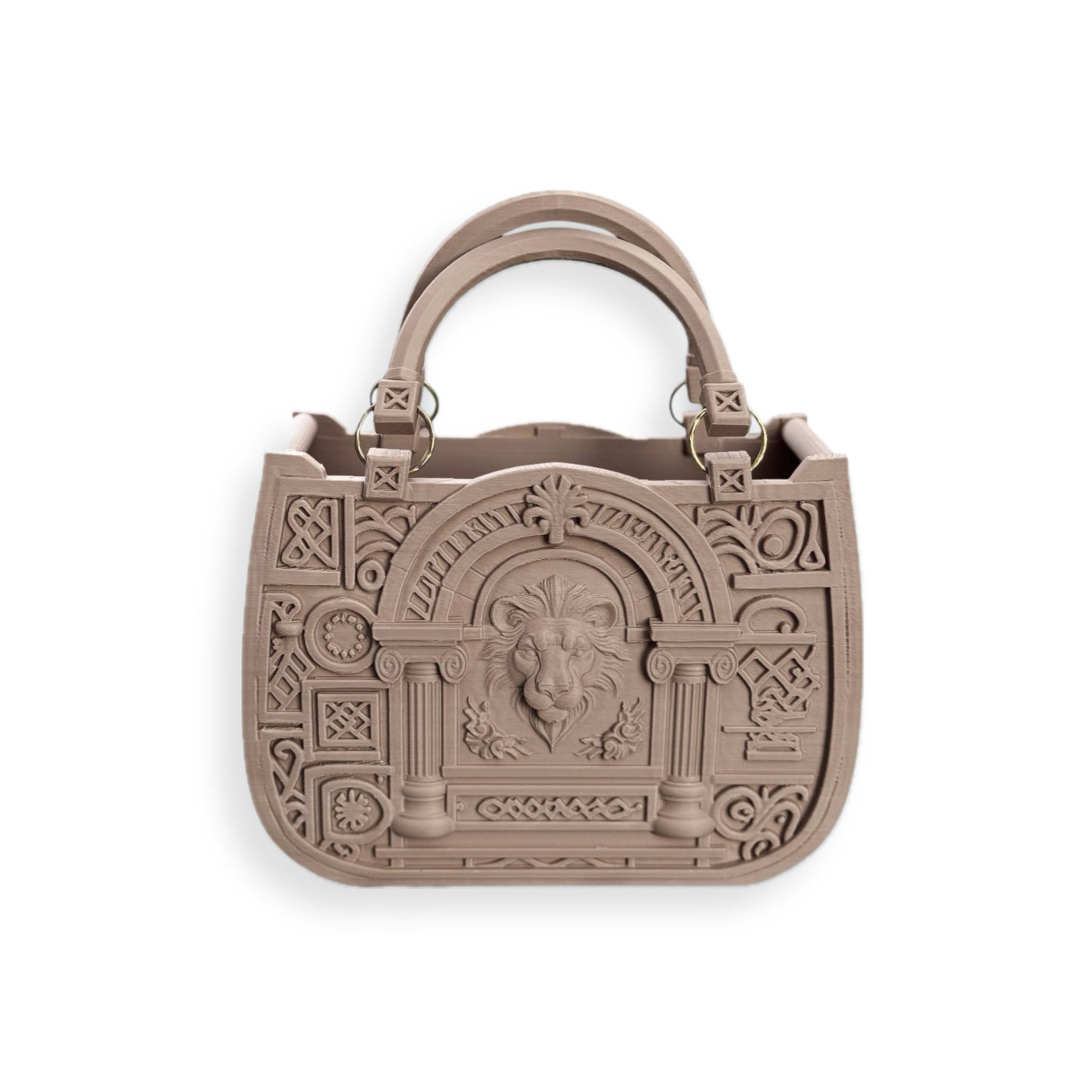 The JUSTICE&POWER 3D-printed handbag in taupe features two handles and showcases embossed neoclassical columns, geometric patterns, and a central lion head motif on the front.
