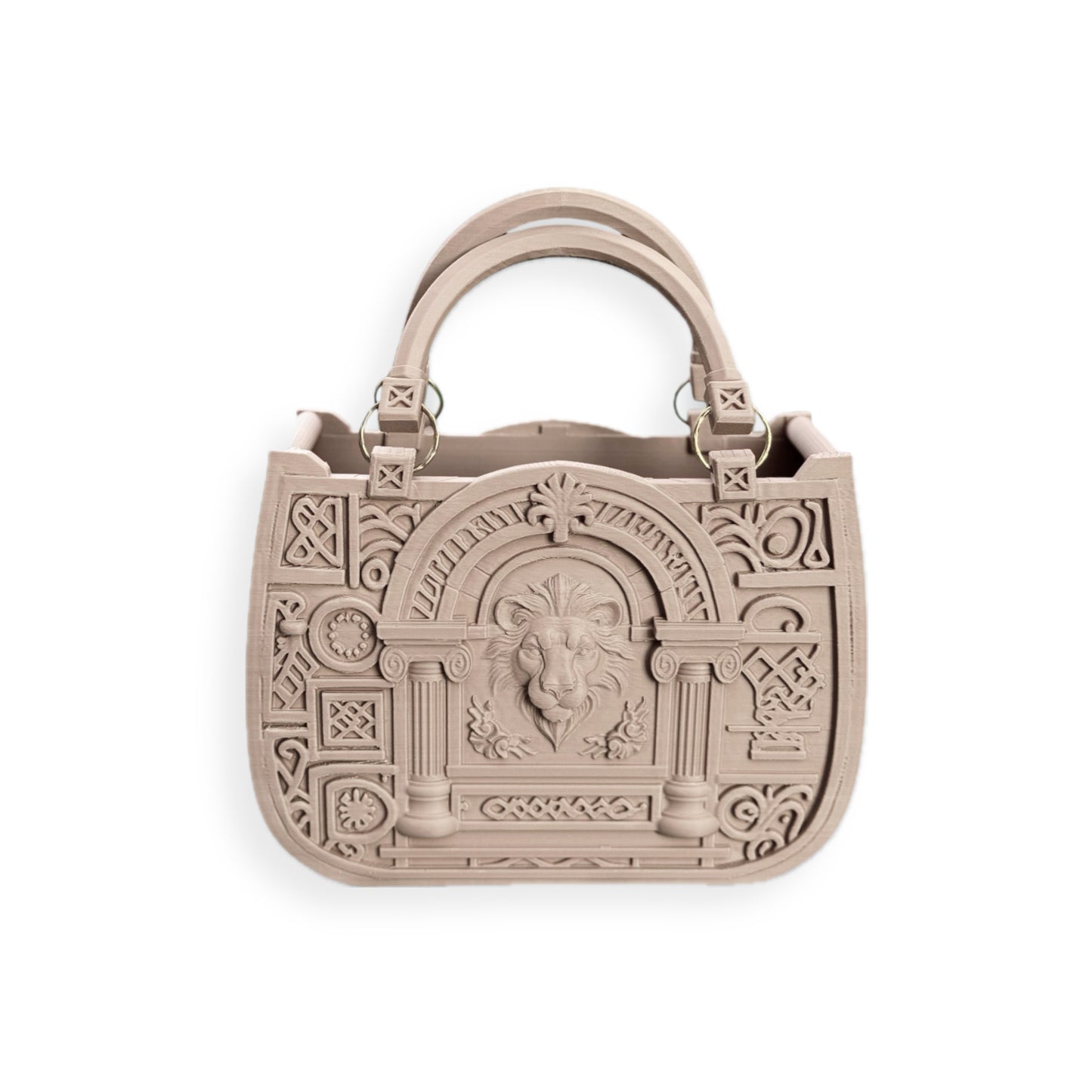 The JUSTICE&POWER 3D-printed handbag is beige with ornate, raised baroque-style patterns, a central lion’s head detail, sturdy double handles, and a structured neoclassical shape.