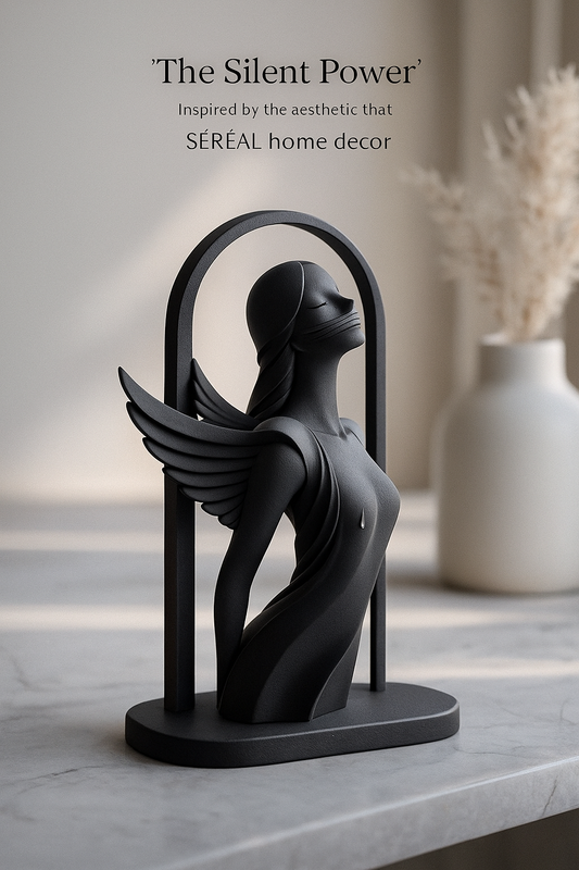 Black abstract sculpture on a marble surface with text about Sereal home decor.