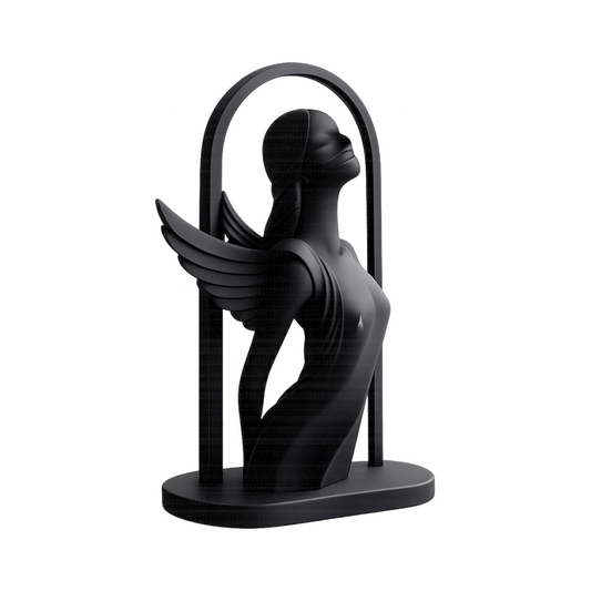 Black sculpture of a woman with a curved mirror on a white background